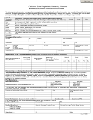 California State Polytechnic University Pomona Benefits Enrollment Worksheet