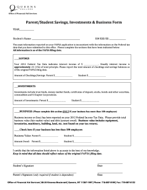 Parent/Student Savings, Investments & Business Form - qc cuny