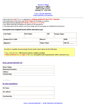 Queens College Fall Grade Report for Visiting Students