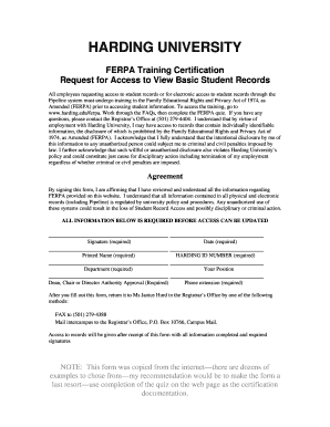 ferpa form in spanish
Fillable Online harding HARDING UNIVERSITY FERPA Training ... ferpa form in spanish
Fillable Online harding HARDING UNIVERSITY FERPA Training ...