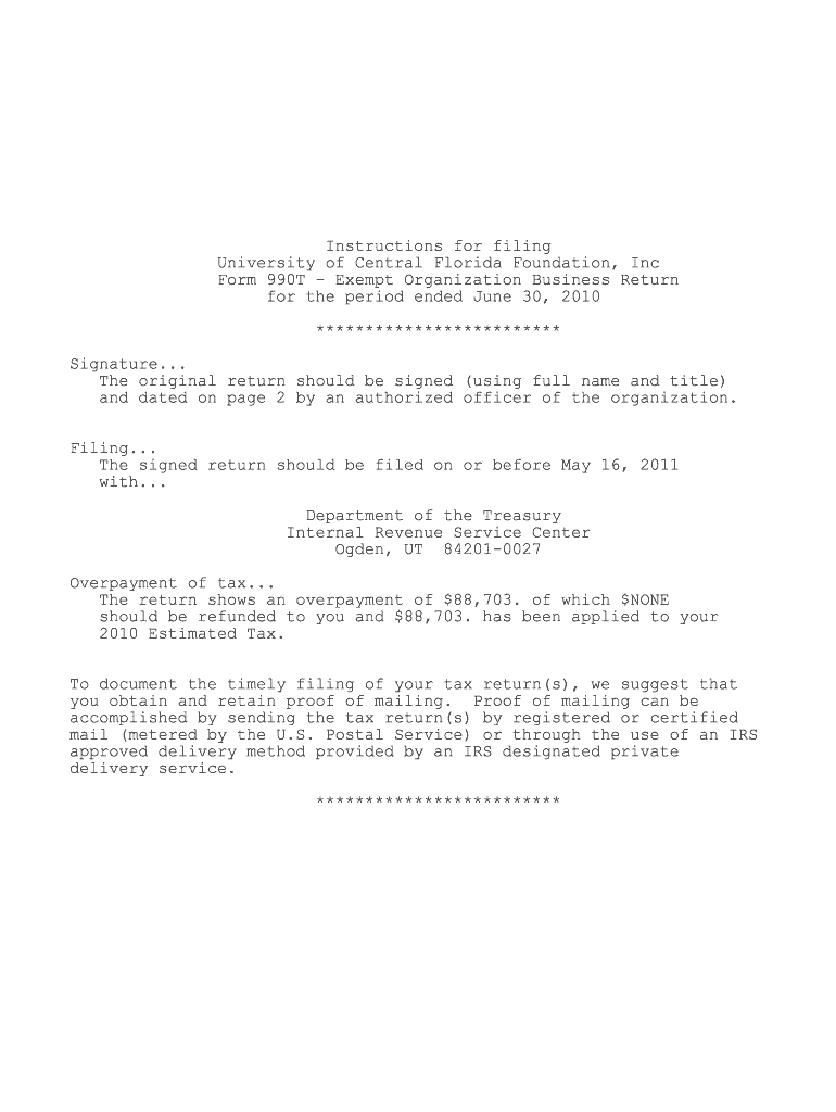 Fillable Online 2010 IRS 990 T UCF Foundation Fax Email Print pdfFiller