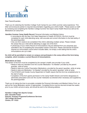 Hamilton College Summer Camp Health Record