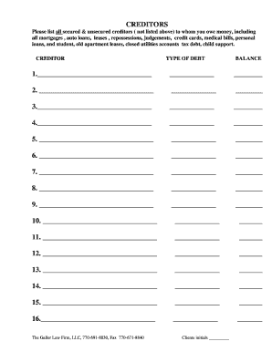 Creditor Debt Listing Form
