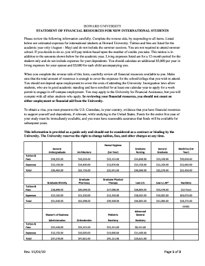 Howard University Statement of Financial Resources for New International Students