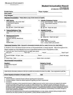 Student Immunization Record Form