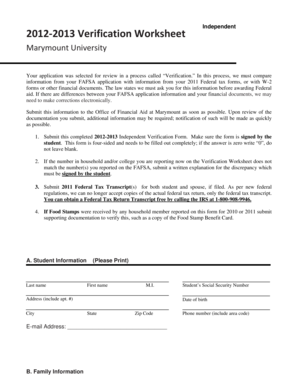 2012-2013 Independent Verification Worksheet