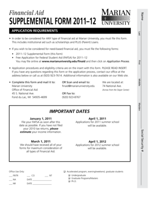 Marian University Financial Aid Supplemental Form 2011–12