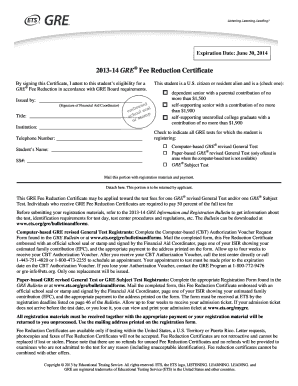 2013-14 GRE Fee Reduction Certificate