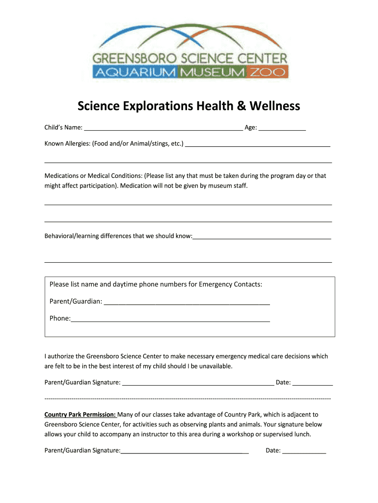 Health & Wellness Form - Greensboro Science Center Preview on Page 1.