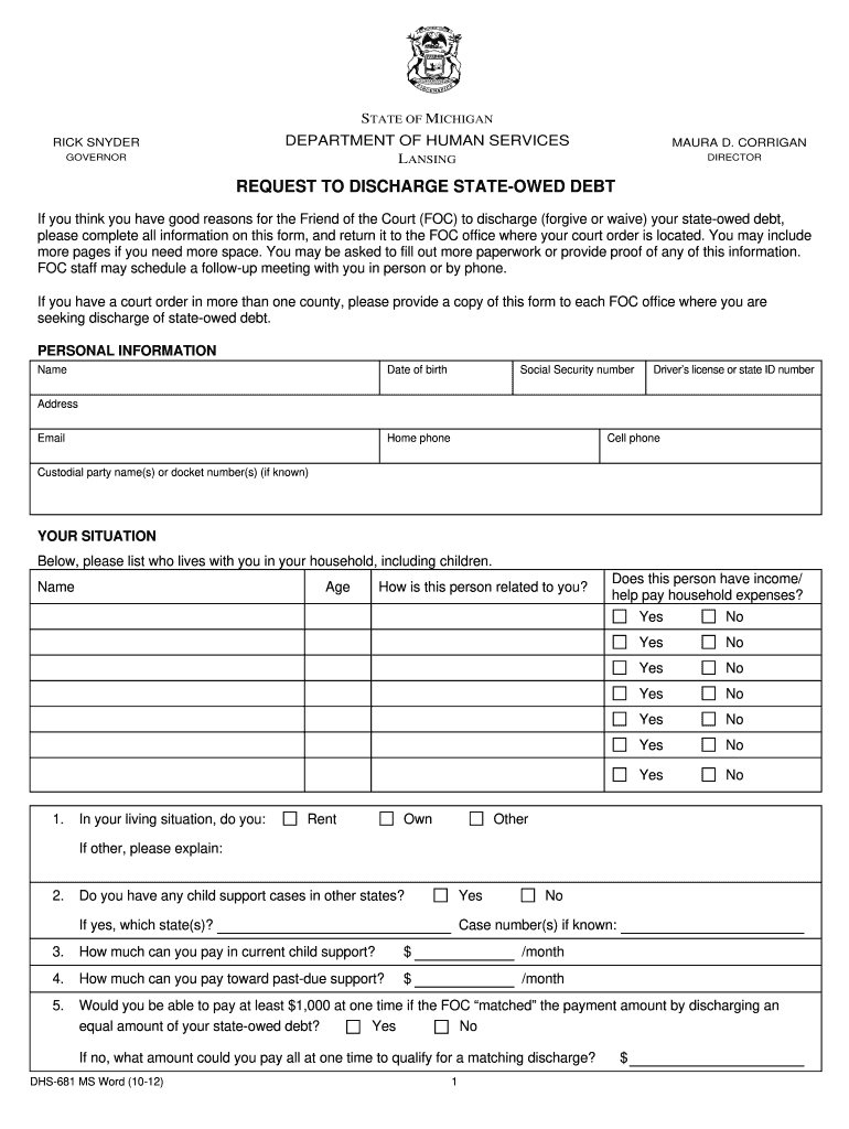 request to discharge state owed debt 2012 form Preview on Page 1.