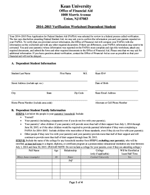 2014–2015 Verification Worksheet Dependent Student