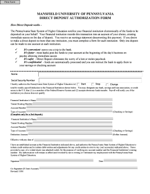 Mansfield University Direct Deposit Authorization Form
