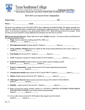 Financial Aid Office 2014-2015 Low Income Form- Independent