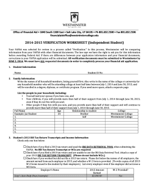 2014-2015 Verification Worksheet (Independent Student)