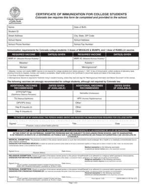 Colorado College Student Immunization Certificate