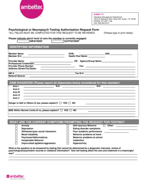 Psychological Neuropsych Testing Authorization Request Form