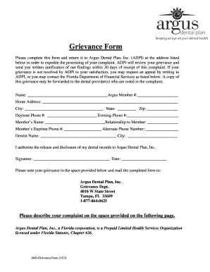 Argus Dental Plan Grievance Form
