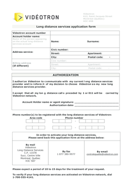 Videotron Long Distance Services Application Form