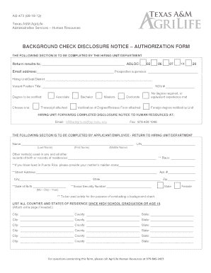 Texas A&M AgriLife Background Check Disclosure Notice Authorization Form