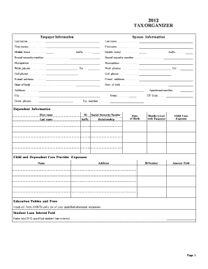 2012 Tax Organizer Form