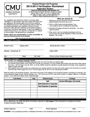 2013-2014 Verification Worksheet for Dependent Student
