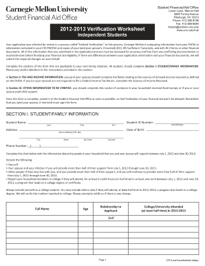 2012-2013 Verification Worksheet for Independent Students