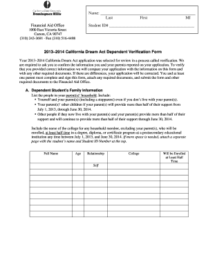 2013–2014 California Dream Act Dependent Verification Form
