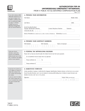 Authorization for Unforeseeable Emergency Withdrawal from 457(b) Plan