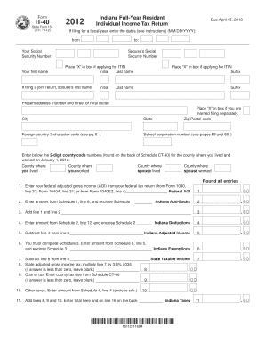 Indiana IT-40 2012 Full-Year Resident Tax Return
