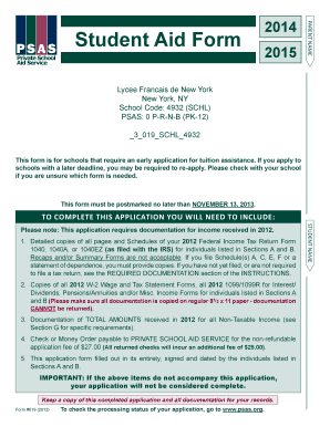 Student Aid Form 2014-2015