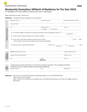 Minnesota Reciprocity Exemption Form