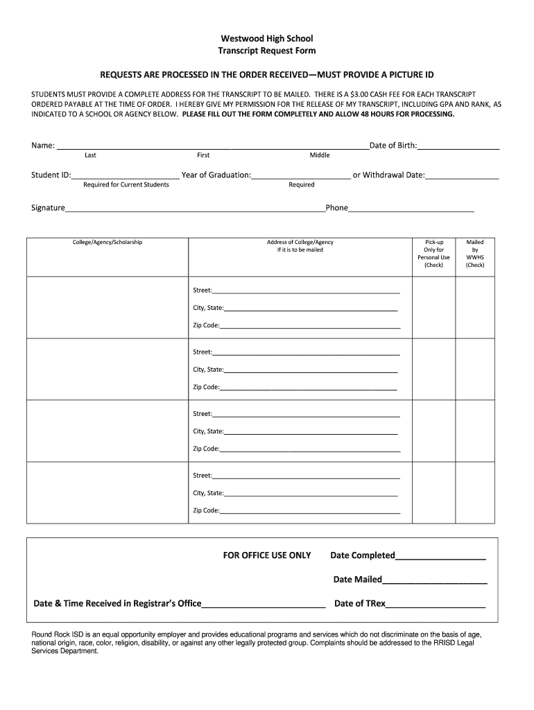 westwood high school transcript request Preview on Page 1