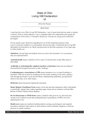 Ohio Living Will Declaration with Donor Registry Enrollment