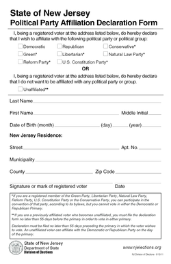 New Jersey Political Party Affiliation Declaration Form