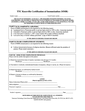 Tennessee Technology Center Knoxville Certification of Immunization