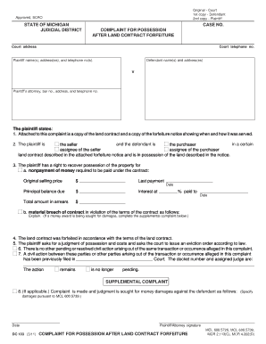 Complaint for Possession After Land Contract Forfeiture