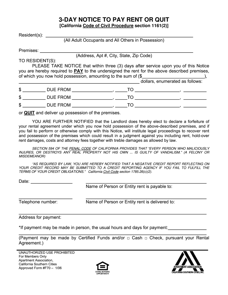 3 Day Notice To Pay Rent Or Quit California Fill Edit Printable PDF 