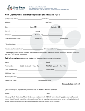 Surf Paws Animal Hospital New Client Form