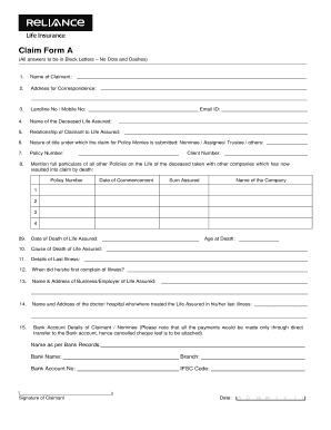 Fillable Online Claim Form A - Reliance Life Insurance Fax Email Print - PDFfiller