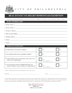 Real Estate Tax Relief Homestead Exemption Application