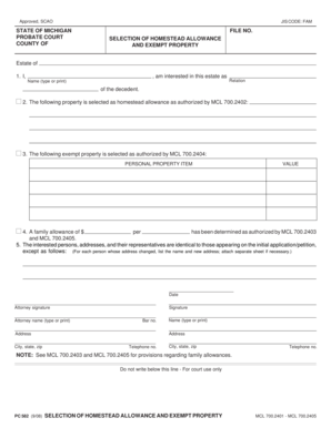 Michigan Homestead Allowance and Exempt Property Form