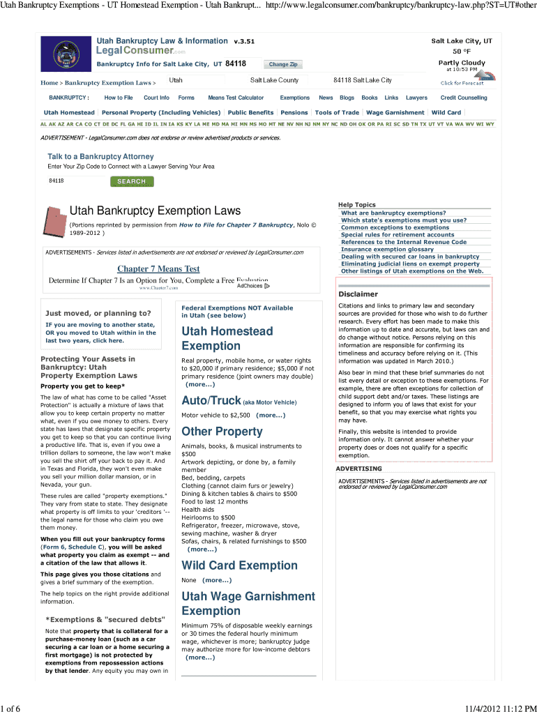 Fillable Online Utah Bankruptcy Exemptions UT Homestead Exemption Utah Fax Email Print
