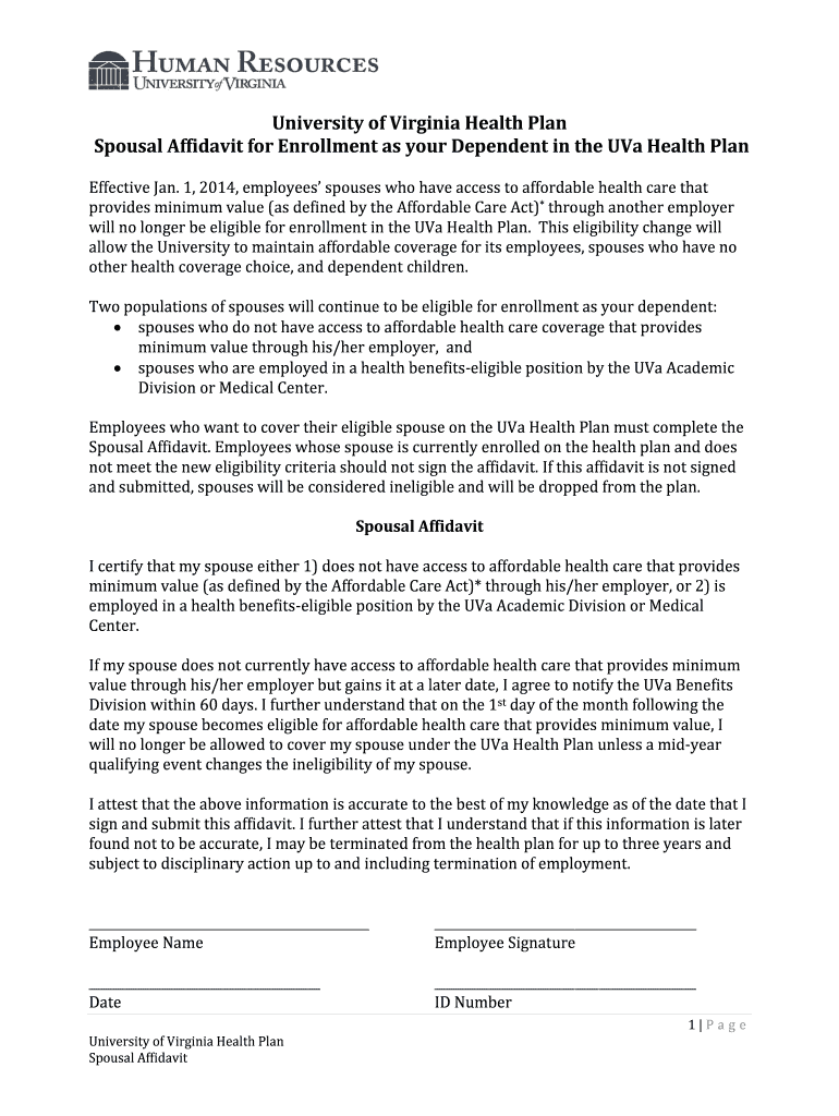 Fillable Online hr virginia BSpousalb Affidavit University of Virginia hr virginia Fax Email