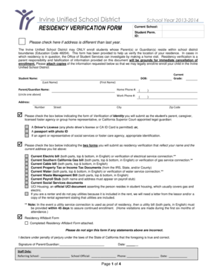Irvine Unified School District Residency Verification Form