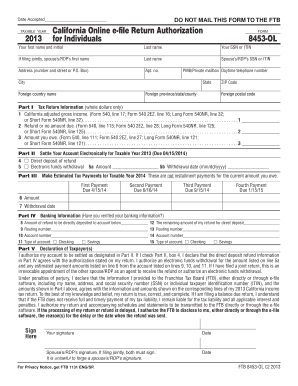 California Online e-file Return Authorization Form 8453-OL