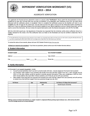 DEPENDENT VERIFICATION WORKSHEET (V5) 2013 2014