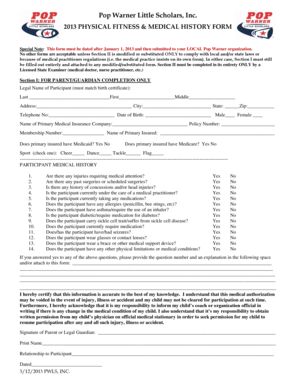 2013 Pop Warner Physical Fitness & Medical History Form