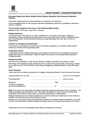 Parent Consent – Excursion/Camp/Tour