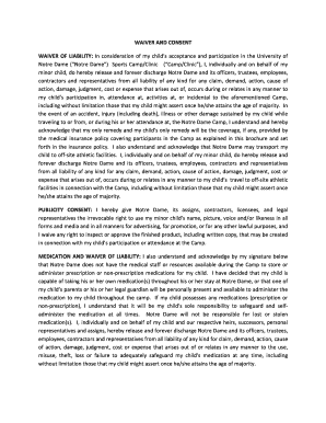 University of Notre Dame Sports Camp Waiver and Consent