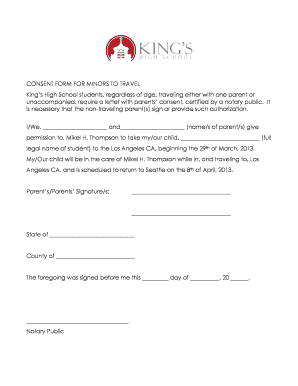 Consent Form for Minors to Travel